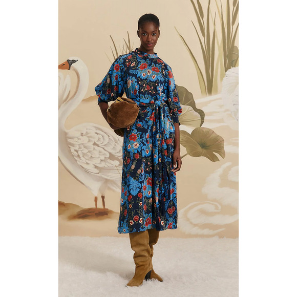 $298 NWT FARM RIO Blue & Red Arabesque Floral Midi Dress –  Medium - Picture 2 of 15